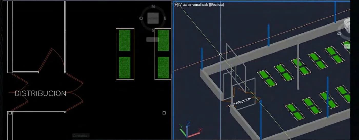 Plano de distribución y vista 3D de un proyecto real